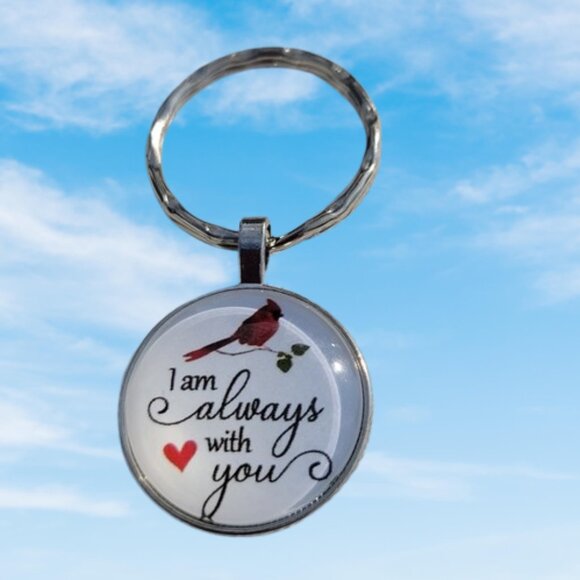 Cardinal and Heart Keychain I Am Always With You Glass Pendant White Black - Picture 1 of 8